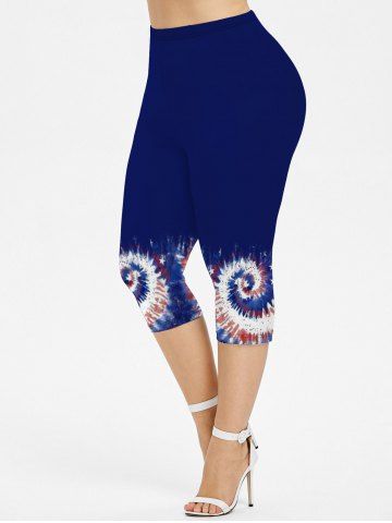 Plus Size Tie Dye American Flag Print Capri Leggings - BLUE - S