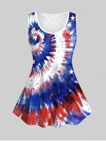 Plus Size Tie Dye American Flag Print Lace Back Tank Top - BLUE - L