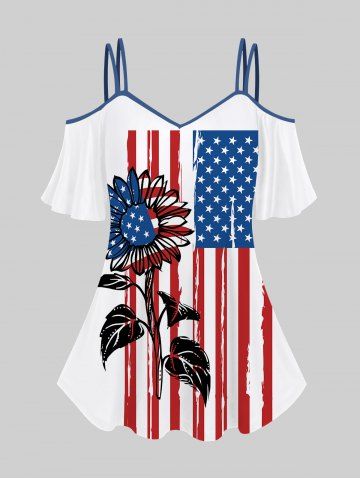 Plus Size Cold Shoulder Sunflower Patriotic American Flag Strip Printed T-shirt - WHITE - XS