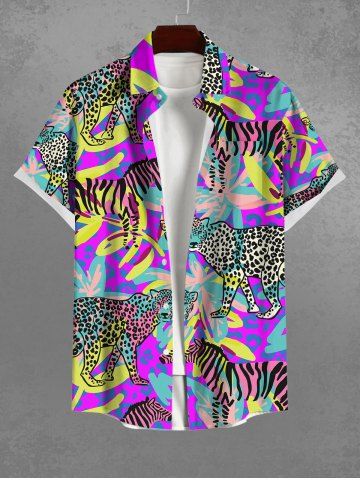 Hawaii Plus Size Vacation Style Leopard Zebra Leaf Print Buttons Pocket Shirt - MULTI-A - M