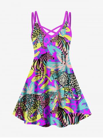 Hawaii Plus Size Vacation Style Leaf Leopard Zebra Print Crisscross Cami Dress