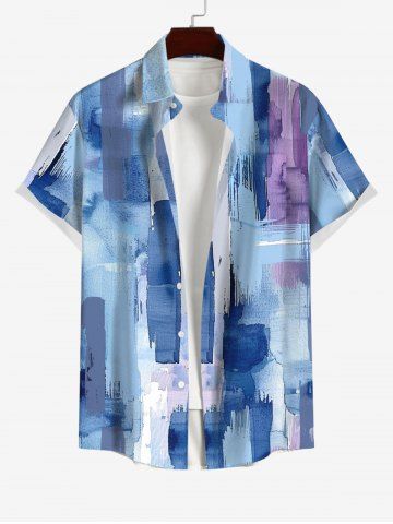 Men's Watercolor Art Random Brushstroke Print Buttons Pocket Shirt - BLUE GRAY - XL