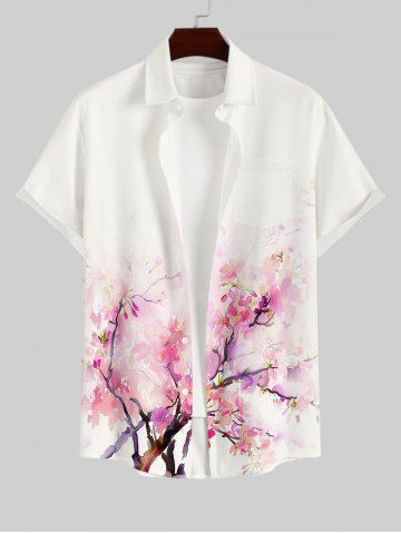 Hawaii Men's Turn-down Collar Watercolor Flower Print Full Buttons Pocket Shirt - WHITE - S