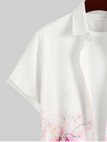 Hawaii Men's Turn-down Collar Watercolor Flower Print Full Buttons Pocket Shirt