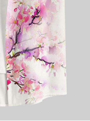 Hawaii Men's Turn-down Collar Watercolor Flower Print Full Buttons Pocket Shirt