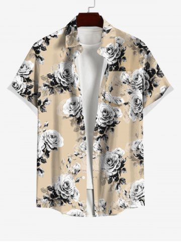 Men's Vacation Style Rose Flower Leaf Print Shirt Collar Buttons Shirt - CHAMPAGNE - S