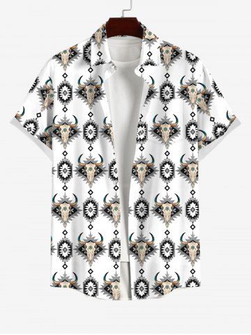 Men's Turn-down Collar Cow Head Ethnic Graphic Print Full Buttons Pocket Shirt - WHITE - S