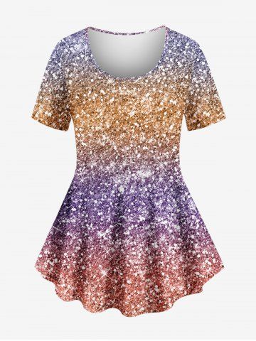 Plus Size Colorblock Glitter Sparkling Sequin 3D Print T-shirt