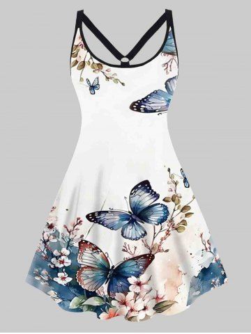 Plus Size Butterfly Floral Print O-ring Strap Dress - WHITE - L | US 14