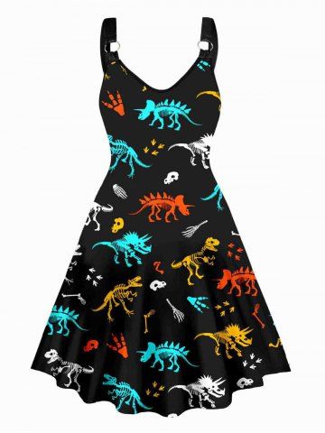 Plus Size Animal Bone Print O-ring Strap V Neck Sleeveless Dress - BLACK - 4X | US 22