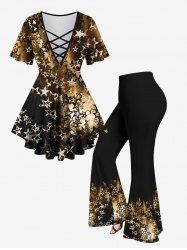 Glitter Light Beam Stars Printed Lattice Ombre Top and Flare Pants Plus Size Matching Set -  