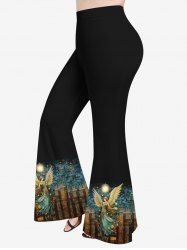 Pantalon Évasé à Imprimé Château et Ailes D'Ange Style Vintage Grande-Taille - Noir 5X