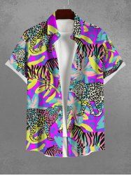 Hawaii Plus Size Vacation Style Leopard Zebra Leaf Print Buttons Pocket Shirt -  