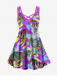 Hawaii Plus Size Vacation Style Leaf Leopard Zebra Print Crisscross Cami Dress -  