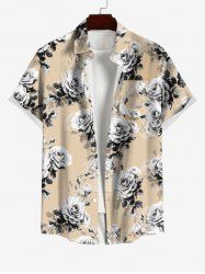 Chemise de Vacances Style Hawaïen Rose Feuille et Fleur Imprimées à Col T-Shirt pour Homme - Champagne 4XL