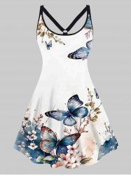 Plus Size Butterfly Floral Print O-ring Strap Dress -  