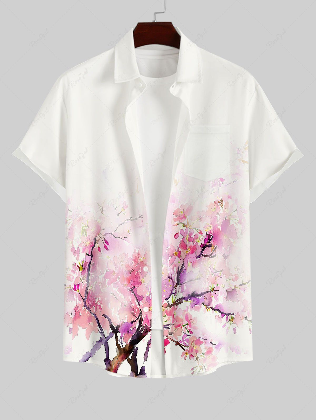 Latest Hawaii Men's Turn-down Collar Watercolor Flower Print Full Buttons Pocket Shirt  