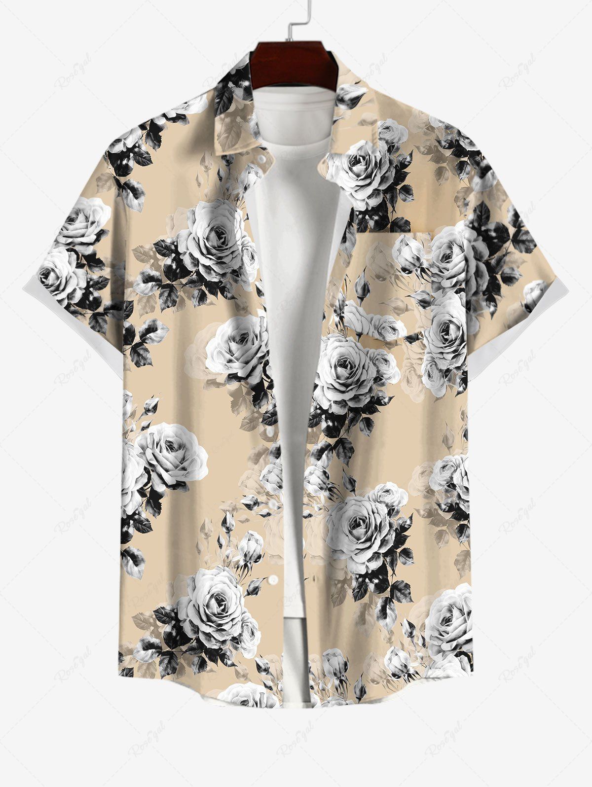 Chemise de Vacances Style Hawaïen Rose Feuille et Fleur Imprimées à Col T-Shirt pour Homme Champagne XL