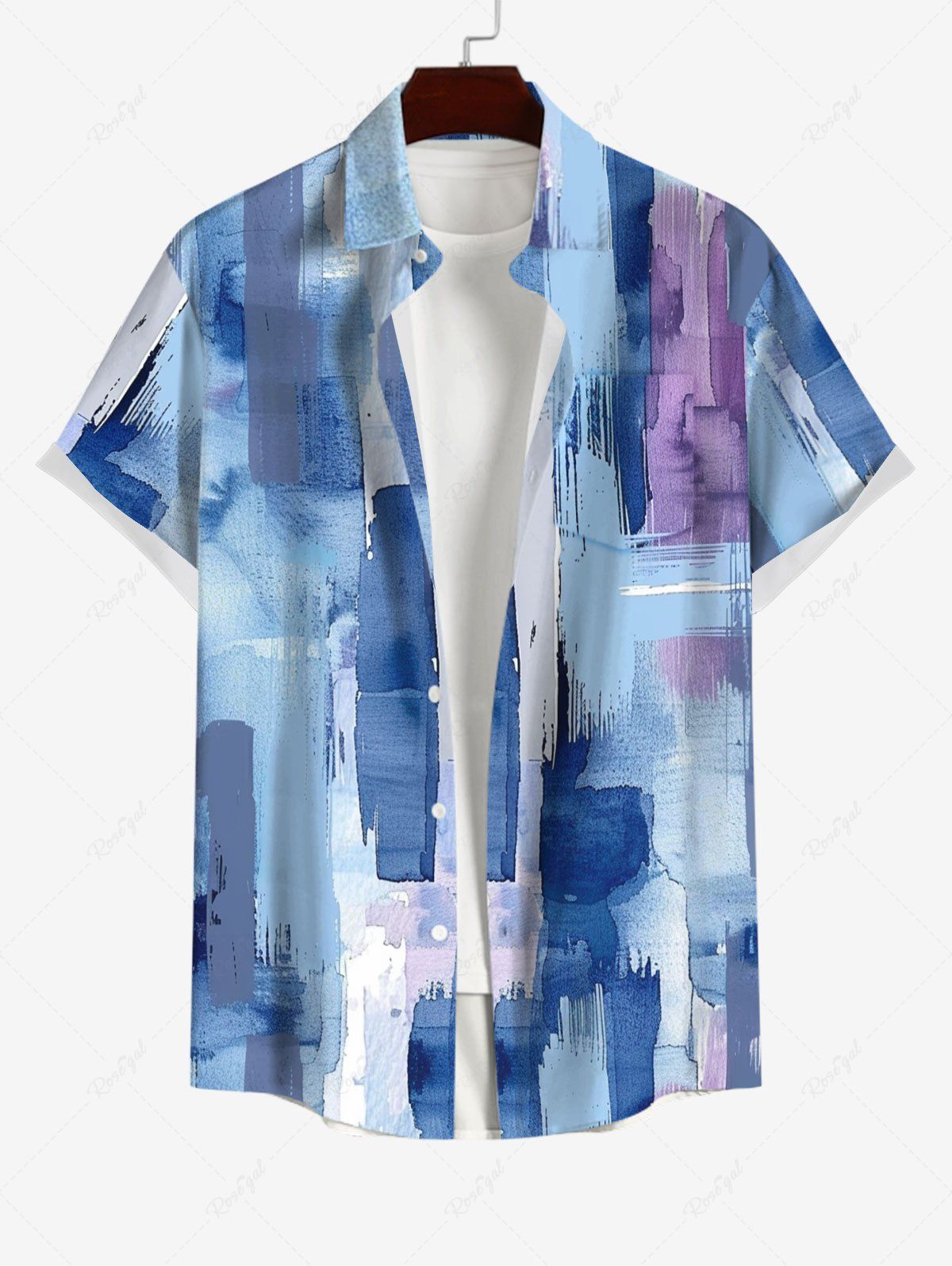 Chemise Tressé Boutonnée à L'Aquarelle avec Poche Aléatoire pour Homme Bleu-gris L