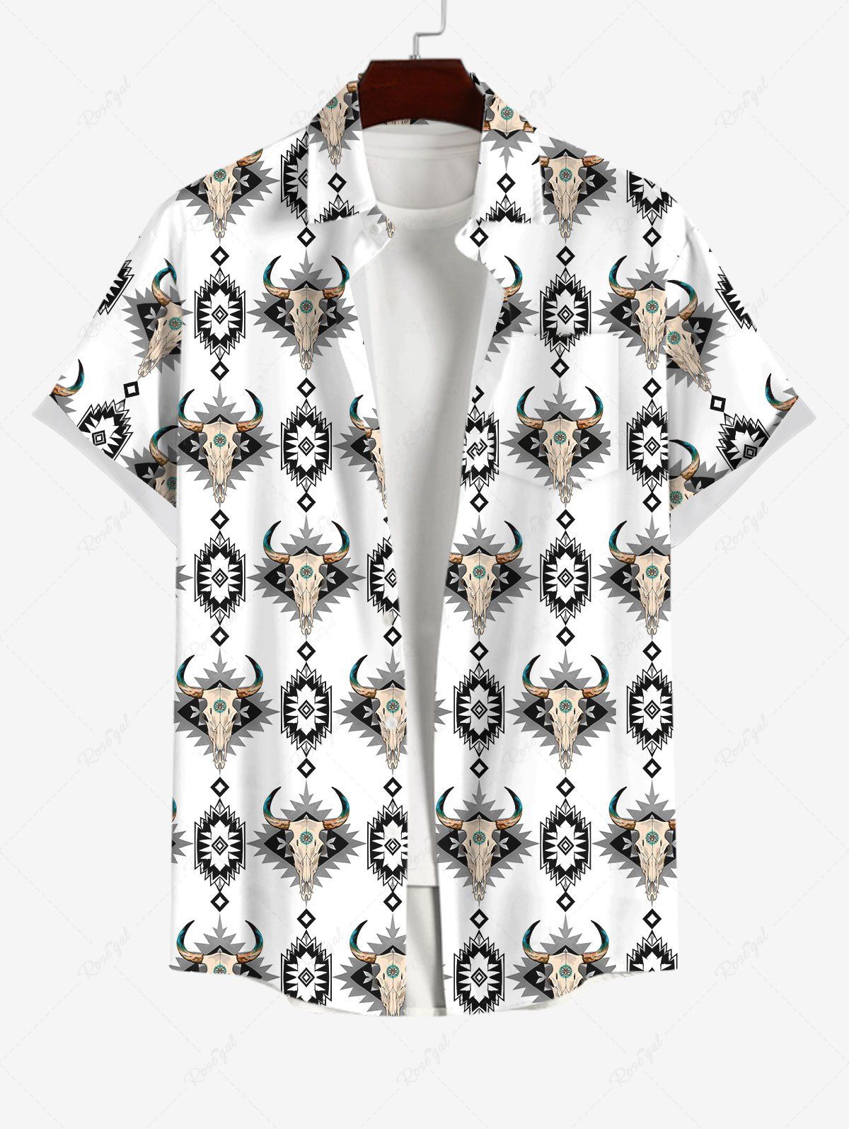 Chic Men's Turn-down Collar Cow Head Ethnic Graphic Print Full Buttons Pocket Shirt  