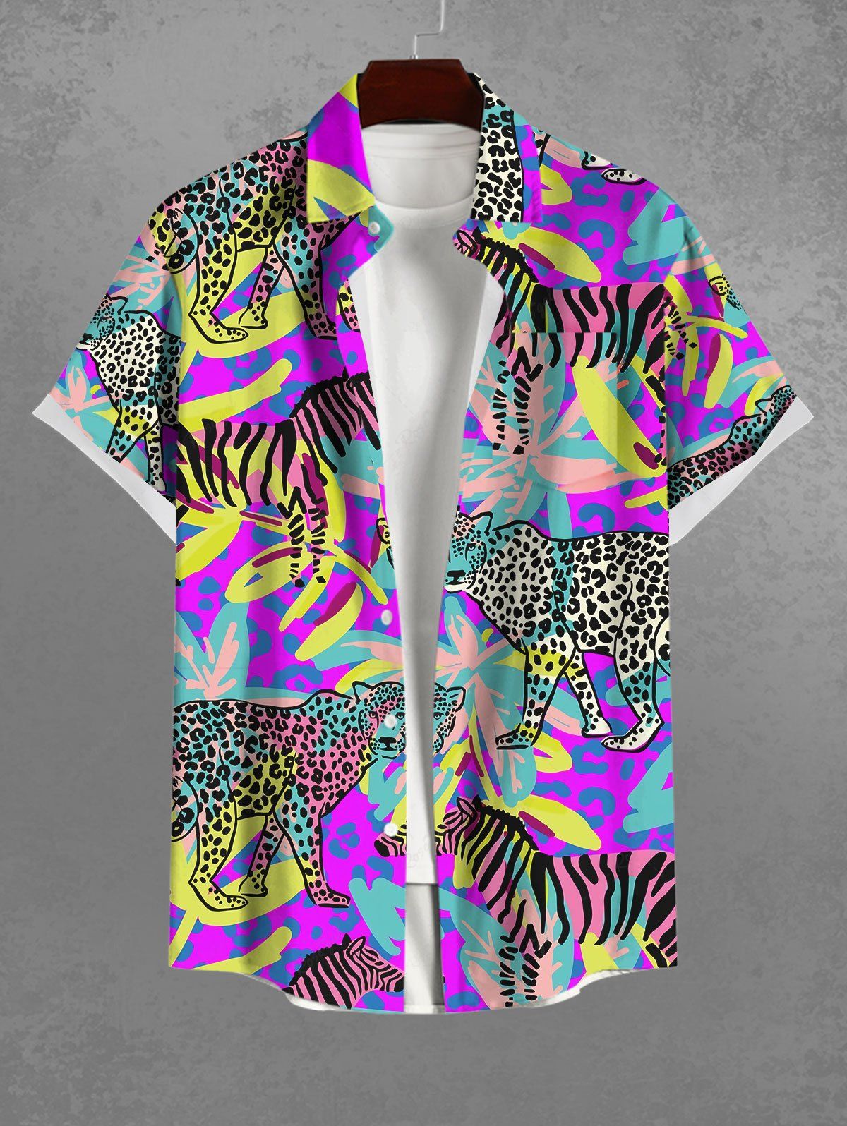Latest Hawaii Plus Size Vacation Style Leopard Zebra Leaf Print Buttons Pocket Shirt  