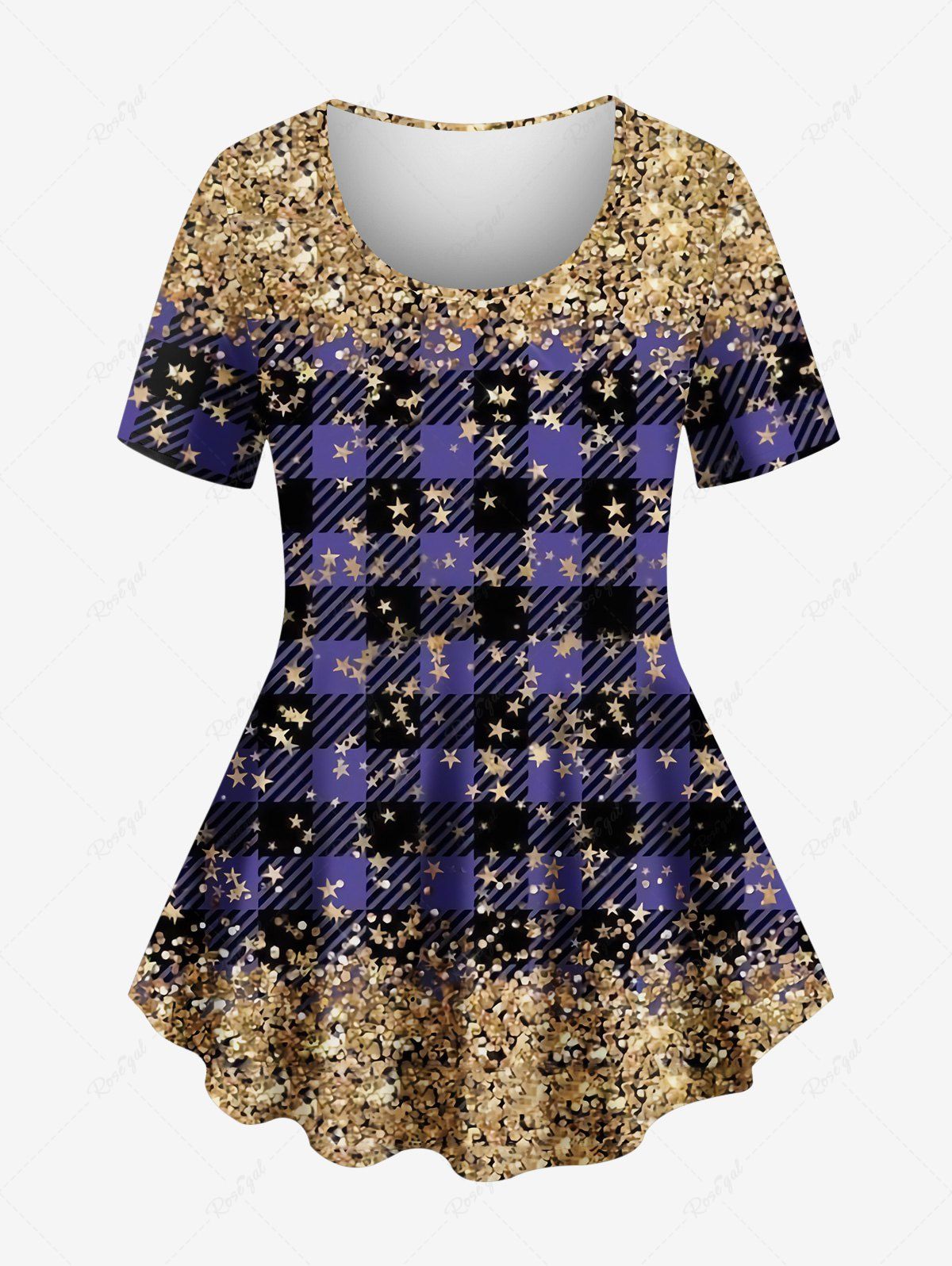 Store Plus Size Plaid Star Sparkling Sequin Glitter 3D Print T-shirt  