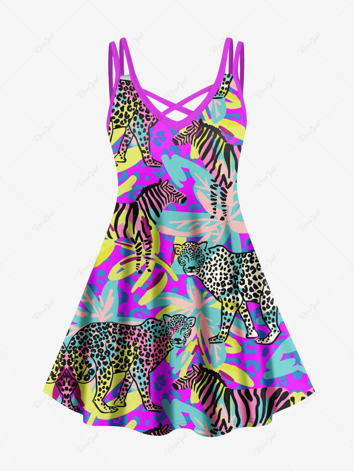 Affordable Hawaii Plus Size Vacation Style Leaf Leopard Zebra Print Crisscross Cami Dress  