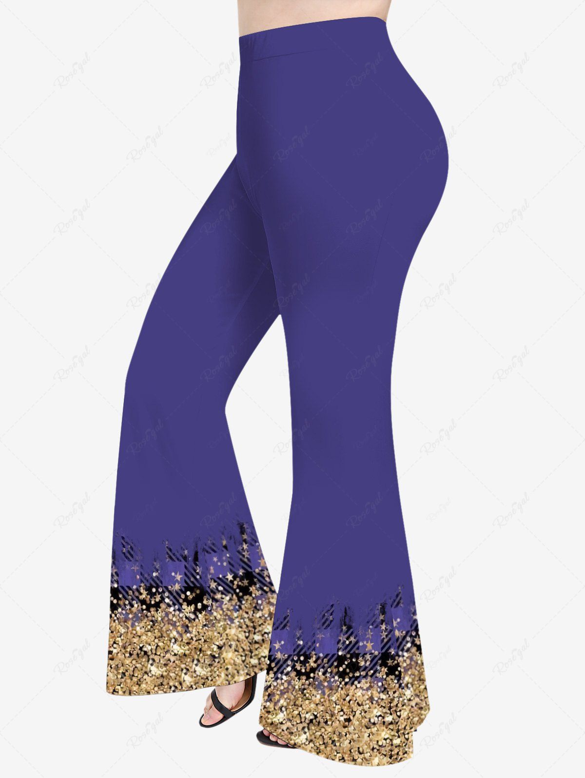 Pantalon Evasé Brillant 3D Etoile Imprimée à Carreaux de Grande Taille à Paillettes Bleu L