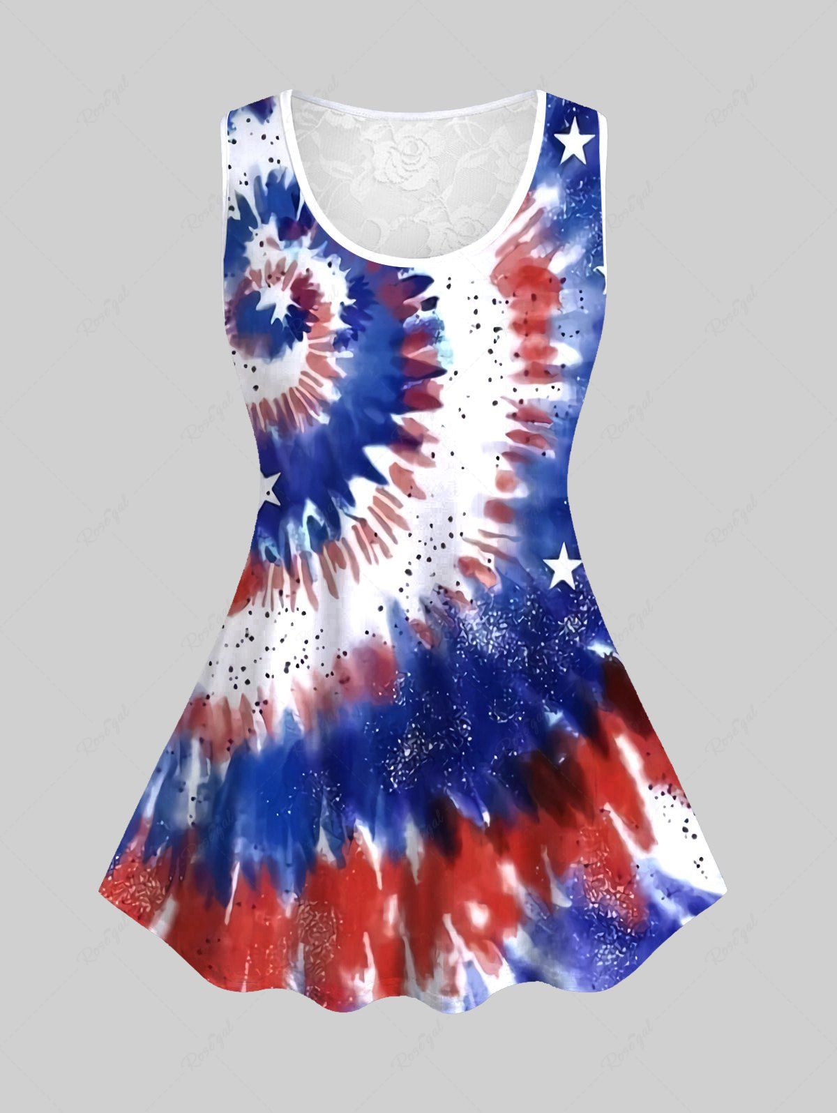 New Plus Size Tie Dye American Flag Print Lace Back Tank Top  