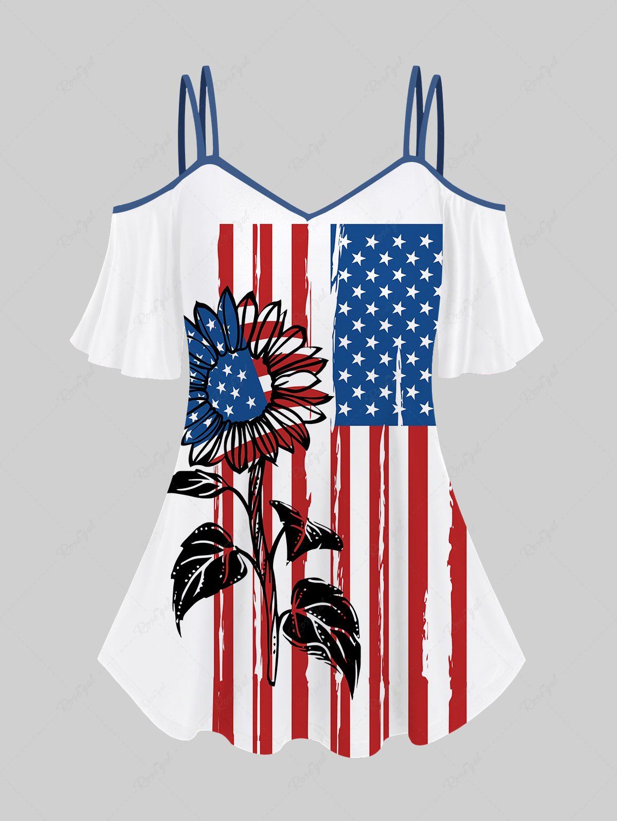 Hot Plus Size Cold Shoulder Sunflower Patriotic American Flag Strip Printed T-shirt  