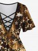 Glitter Light Beam Stars Printed Lattice Ombre Top and Flare Pants Plus Size Matching Set -  