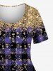 Plus Size Plaid Star Sparkling Sequin Glitter 3D Print T-shirt -  