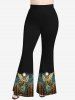 Pantalon Évasé à Imprimé Château et Ailes D'Ange Style Vintage Grande-Taille - Noir 5X