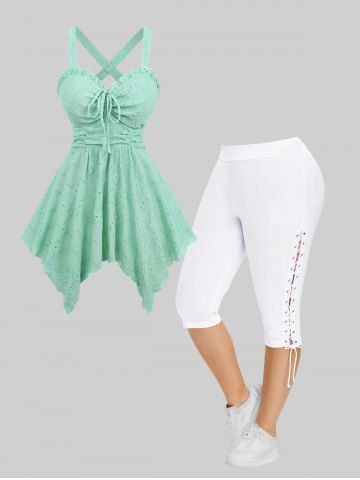 Cinched Ruffles Hollow Out Embroidery Eyelet Asymmetrical Crisscross Textured Tank Top and High Waisted Lace Up Side Plus Size Capri Pants Plus Size Outfit - LIGHT GREEN