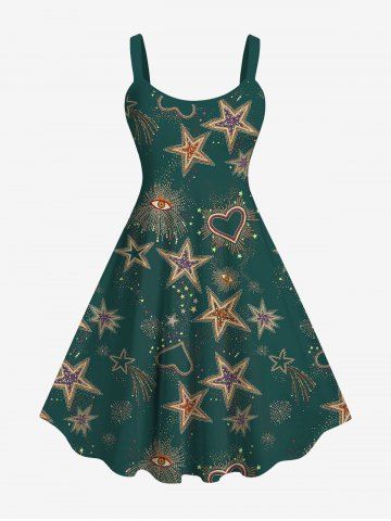 Plus Size Stars Heart Fireworks Eye Print Backless A Line Tank Dress - GREEN - XS