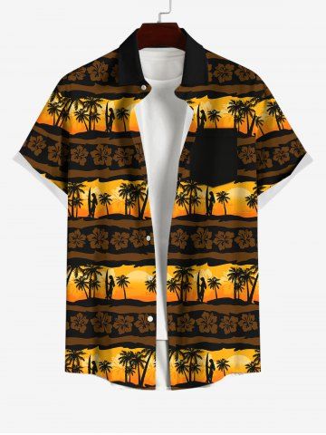 Hawaii Plus Size Turn-down Collar Coconut Tree Flower Striped Dusk Print Full Buttons Pocket Beach Shirt For Men - DEEP COFFEE - XL