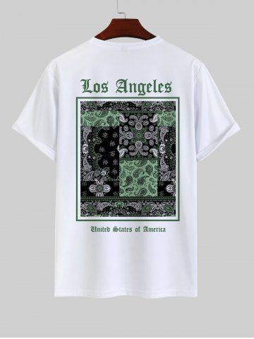 Men's Los Angeles Letters Paisley Ethnic Geometric Graphic Print Short Sleeves T-shirt - WHITE - XS
