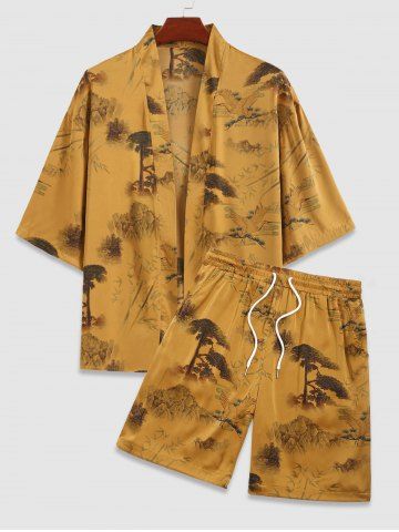 Men's Matching Two Piece Silky Satin Chinese Style Crane Plant Tree Open Front Kimono and Shorts Set - COFFEE - S