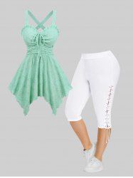 Cinched Ruffles Hollow Out Embroidery Eyelet Asymmetrical Crisscross Textured Tank Top and High Waisted Lace Up Side Plus Size Capri Pants Plus Size Outfit -  