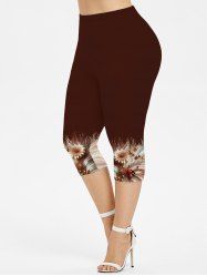 Plus Size Flower Ladybug Earth Tone Swirl Pattern Print Capri Leggings -  