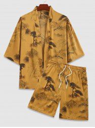 Men's Matching Two Piece Silky Satin Chinese Style Crane Plant Tree Open Front Kimono and Shorts Set -  