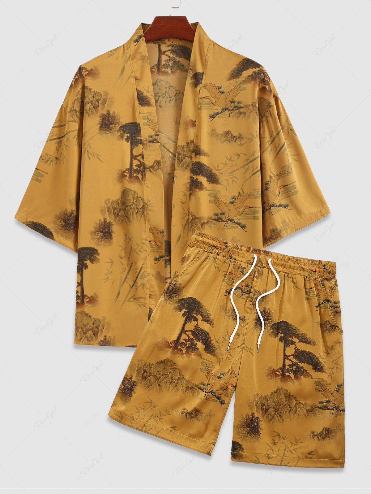 Fancy Men's Matching Two Piece Silky Satin Chinese Style Crane Plant Tree Open Front Kimono and Shorts Set  