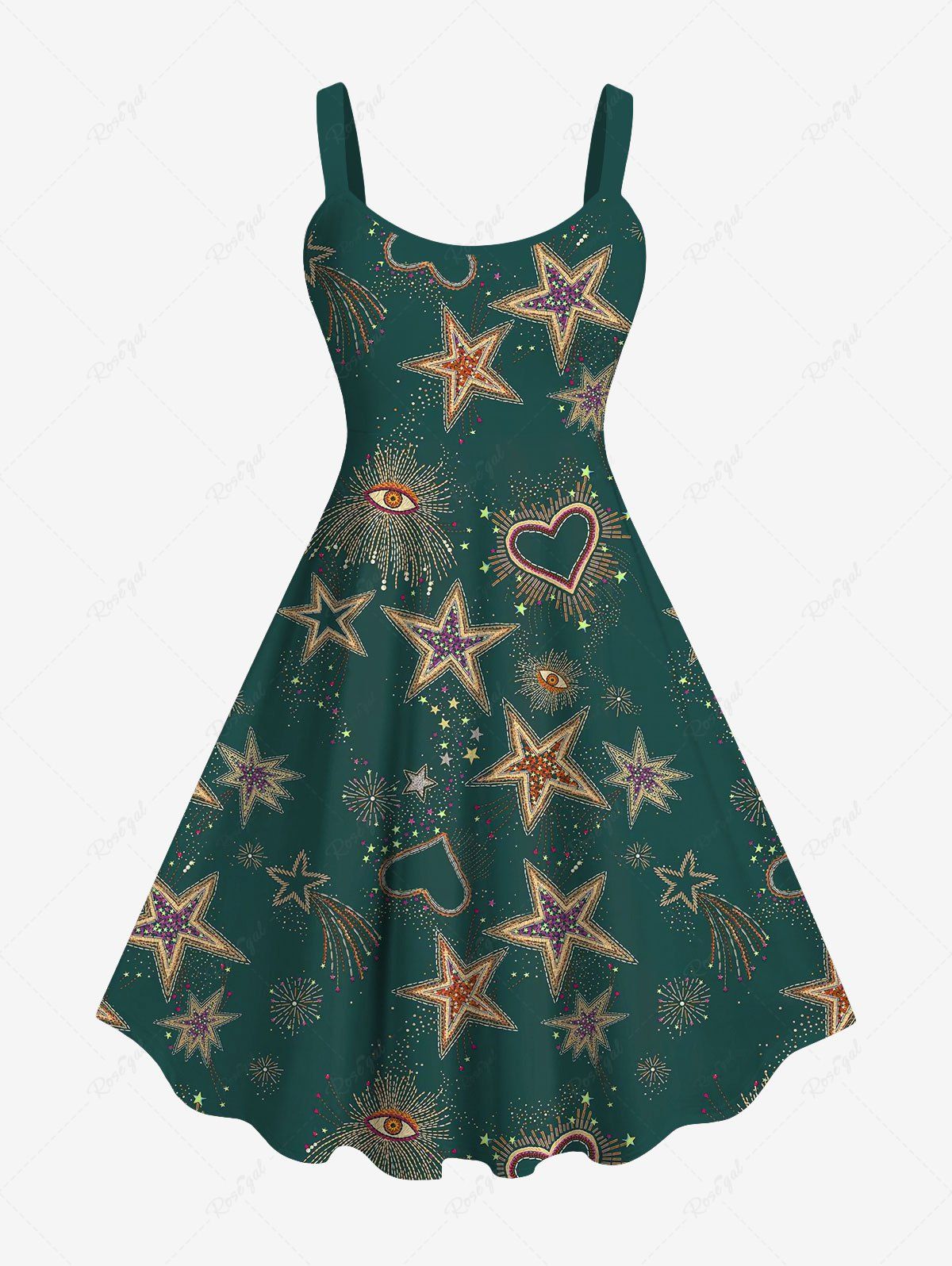 Chic Plus Size Stars Heart Fireworks Eye Print Backless A Line Tank Dress  