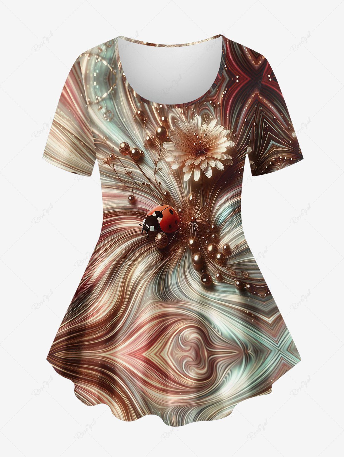 Online Plus Size Flower Pearl Ladybug Earth Tome Swirl Pattern Print T-shirt  