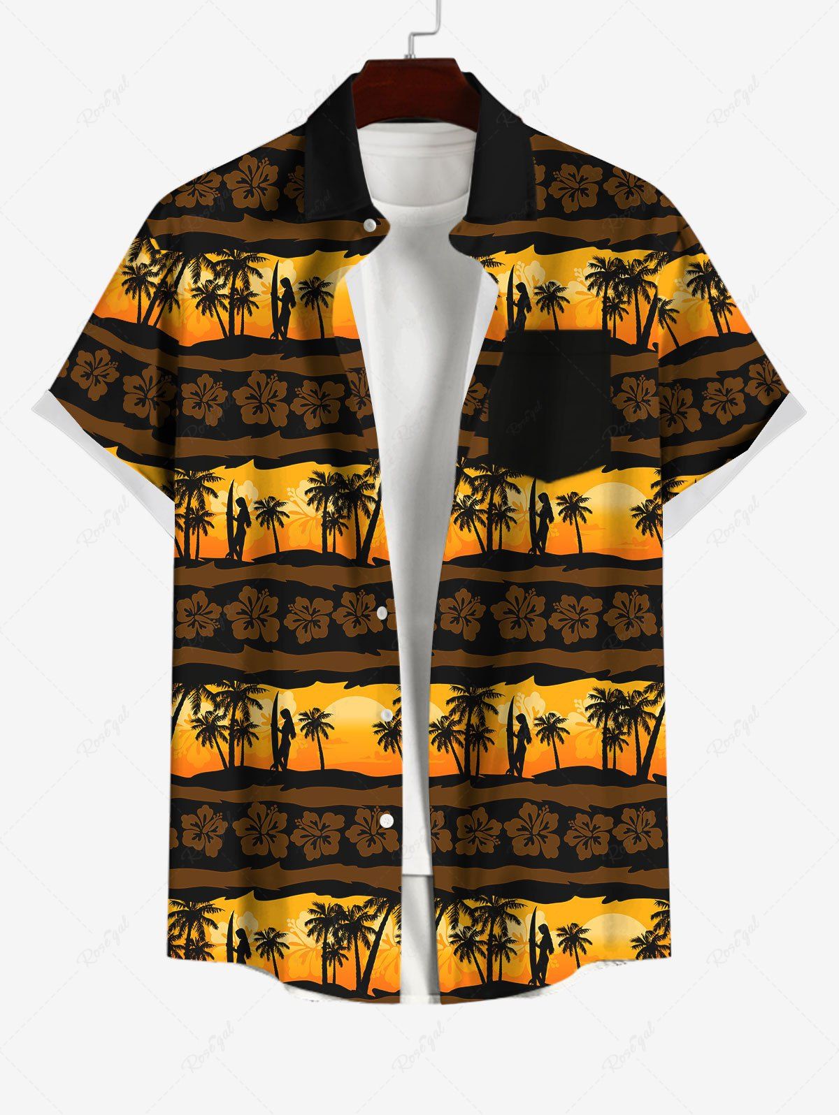 Outfit Hawaii Plus Size Turn-down Collar Coconut Tree Flower Striped Dusk Print Full Buttons Pocket Beach Shirt For Men  