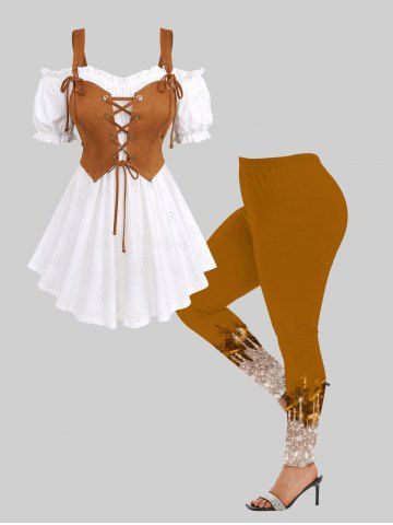 Ruffles Ruched Hollow Out Knit Jacquard Grommets Lace Up Cold Shoulder 2 In 1 Top and Leggings Plus Size Outfit - WHITE