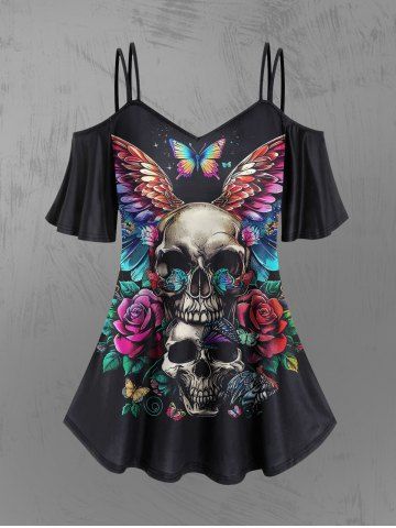 Gothic Cold Shoulder Skulls Rose Flower Leaf Wings Butterfly Print Cami T-shirt - BLACK - XS