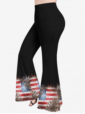 Plus Size Leopard American Flag Print Flare Pants - BLACK - XS