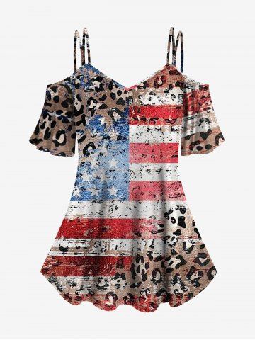 Plus Size Distressed Leopard American Flag 3D Print Cold Shoulder T-shirt