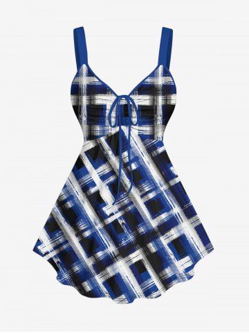 Plus Size Ink Painting Geometric Plaid Print Cinched Backless Tank Top - BLUE - S